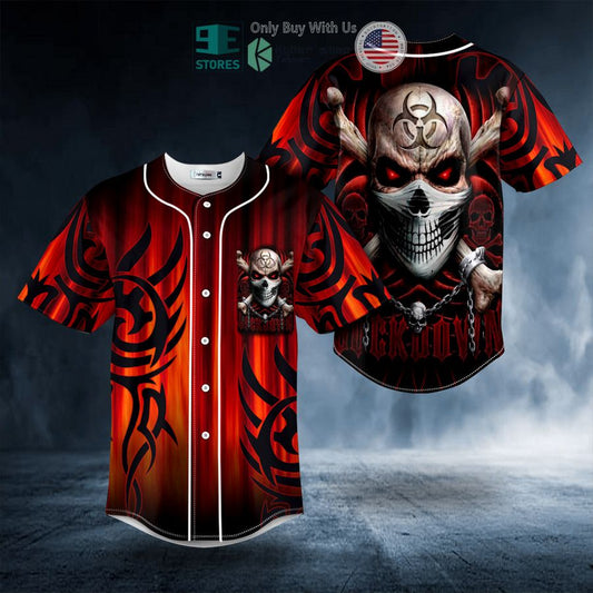 BEST Red Tribal Tattoos Lockdown Biohazard Skull Baseball Shirt