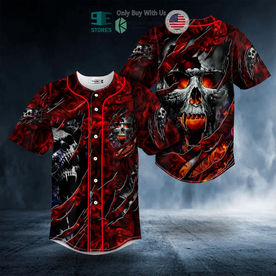 BEST Ripped Fire Eyes Vampire Skull Baseball Shirt