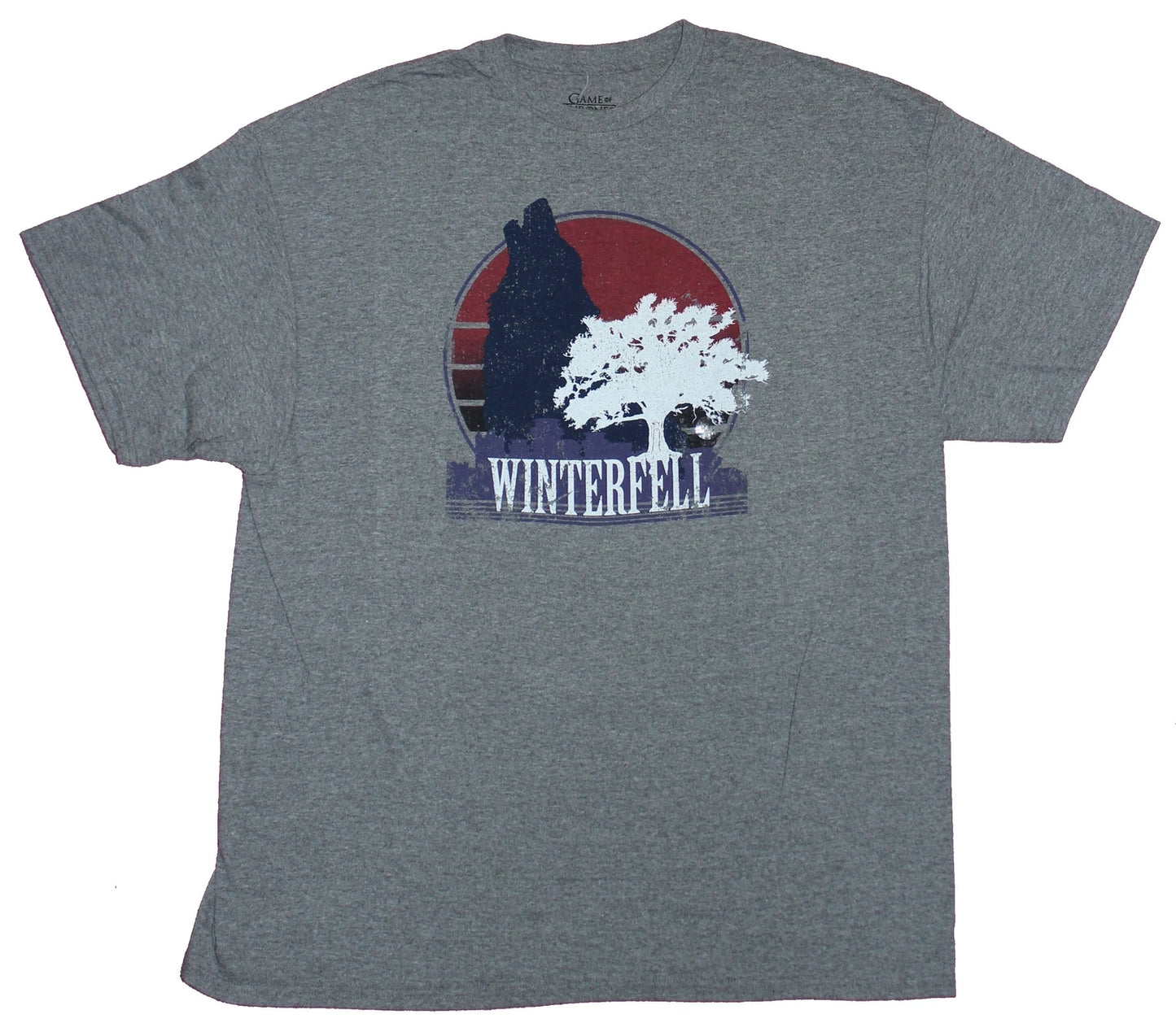 Game of Thrones Adult New T-Shirt - Winterfell Wolf and Tree Postcard Style Art