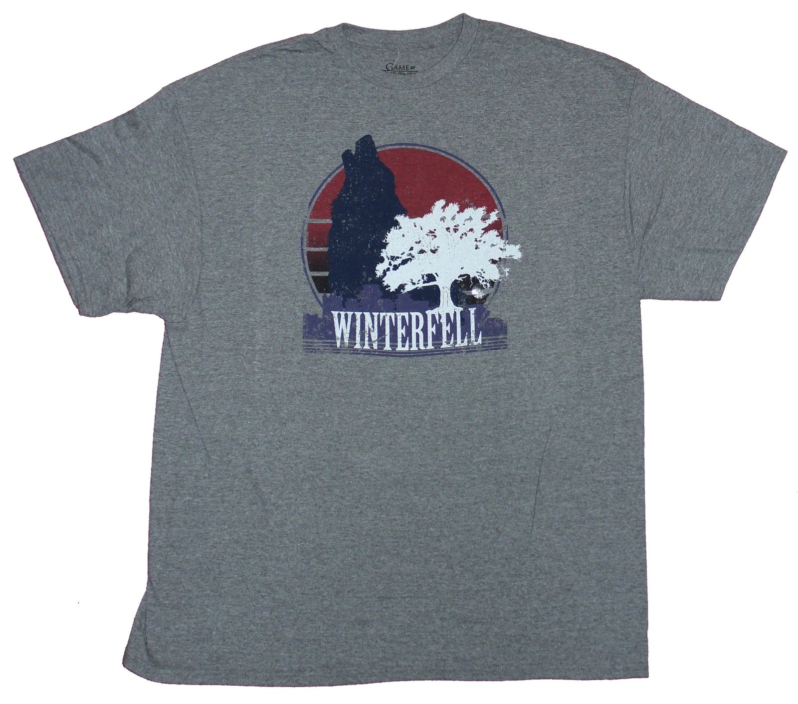 Game of Thrones Adult New T-Shirt - Winterfell Wolf and Tree Postcard Style Art