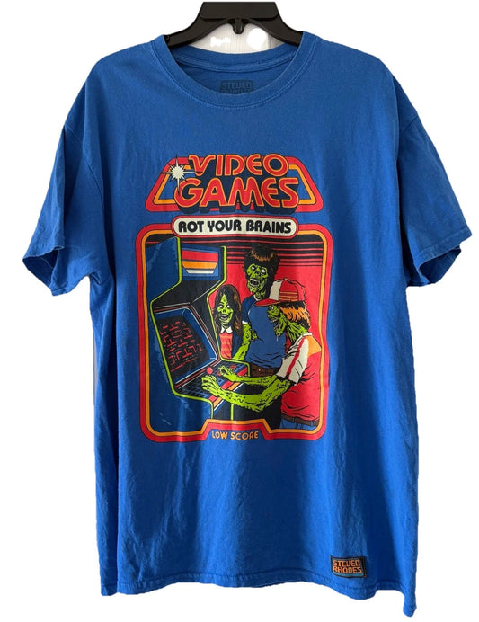 Steven Rhodes Video Games Rot Your Brains" T-Shirt Blue Size L Retro Funny