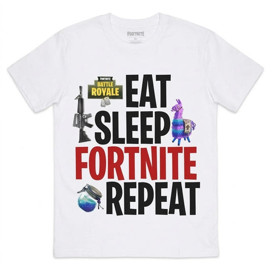 Eat Sleep Fortnite Repeat T-Shirt - Battle Royale Gamer Gift - White Tee