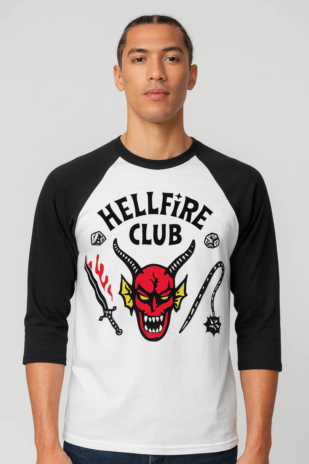 Hellfire Club Baseball Tee Red Demon Graphic ¾ Sleeve Raglan Shirt Unisex New