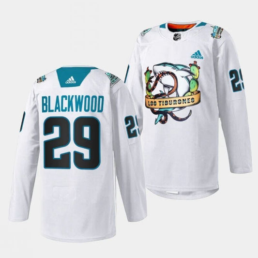 san jose sharks #29 mackenzie blackwood 2023 los tiburones white special jersey
