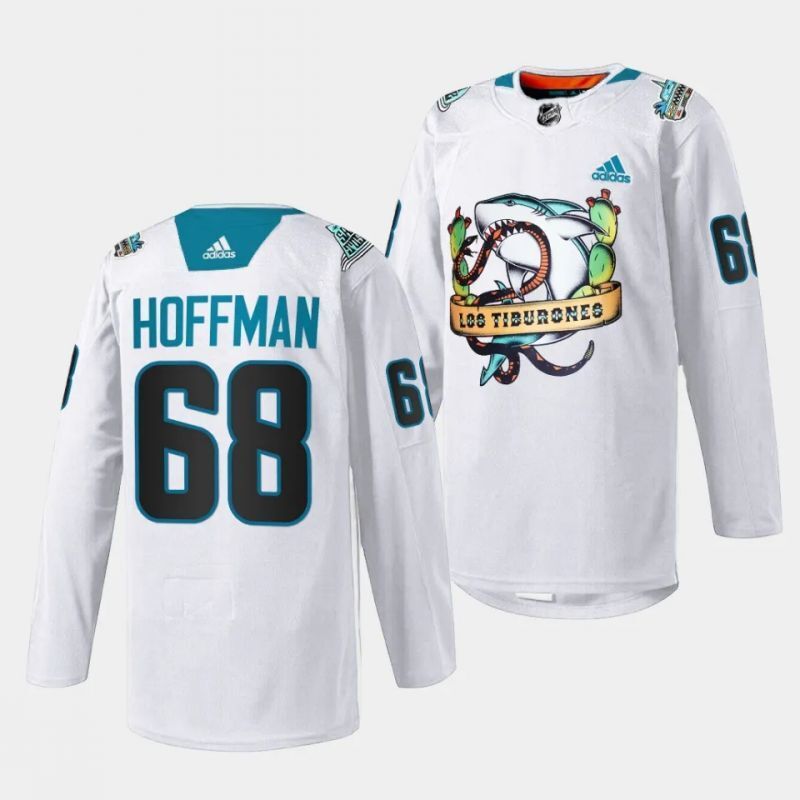 san jose sharks #68 mike hoffman 2023 los tiburones white special jersey