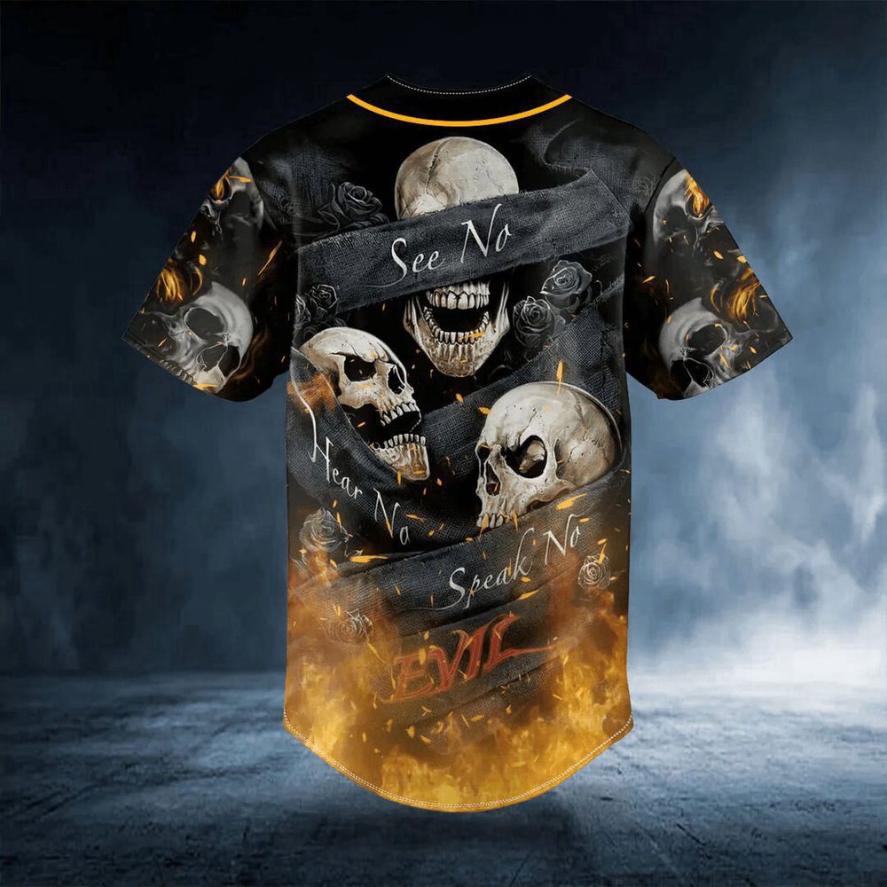 See Hear Speak No Evil Fire Skull Custom Baseball Jersey For Men Women, Skull lovers - lylyprint.com T-Shirts,... (Image 2)