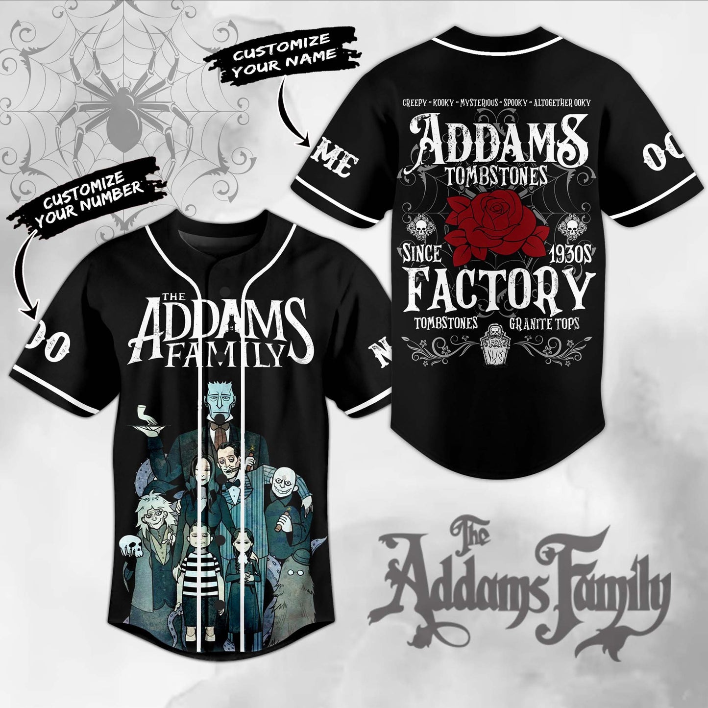 The Addams Family Tombstones Factory Black Custom Baseball Jersey T-Shirts, Hoodie, Sweatshirt | WearSparks.com (Image 1)