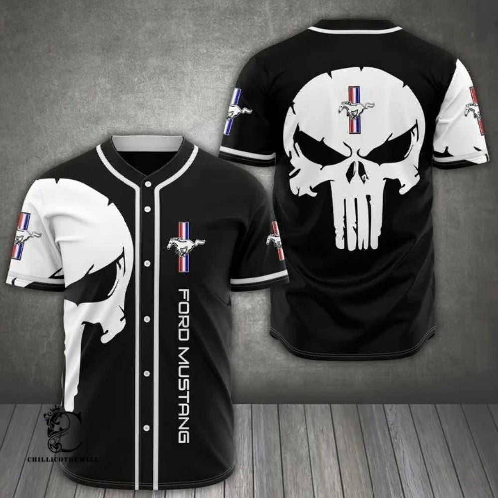 White Black Mustang Skull Baseball Jersey: Edgy Style for Sports Enthusiasts - Aopprinter T-Shirts, Hoodie,... (Image 2)