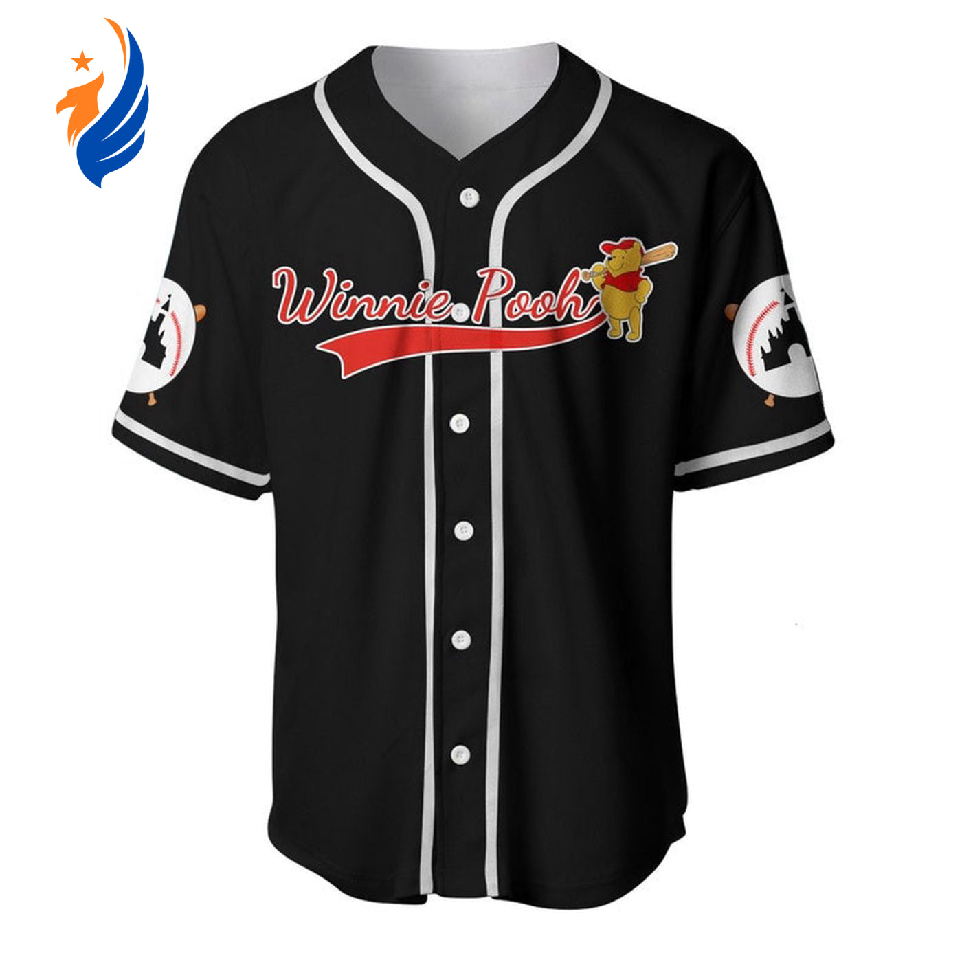 Winnie Pooh Cartoon Graphics All Over Print Black Unisex Baseball Jersey - Trendy Unisex Shirt