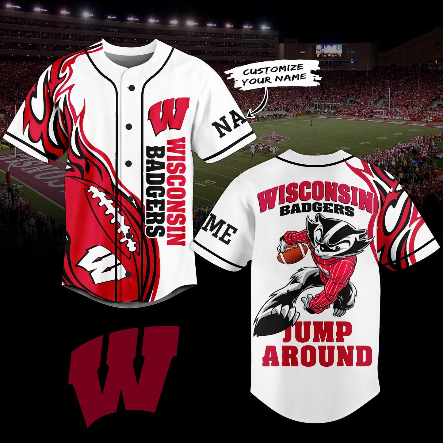 Wisconsin Badgers Football Jump Around Sport Baseball Jersey T-Shirts, Hoodie, Sweatshirt | WearSparks.com (Image 1)