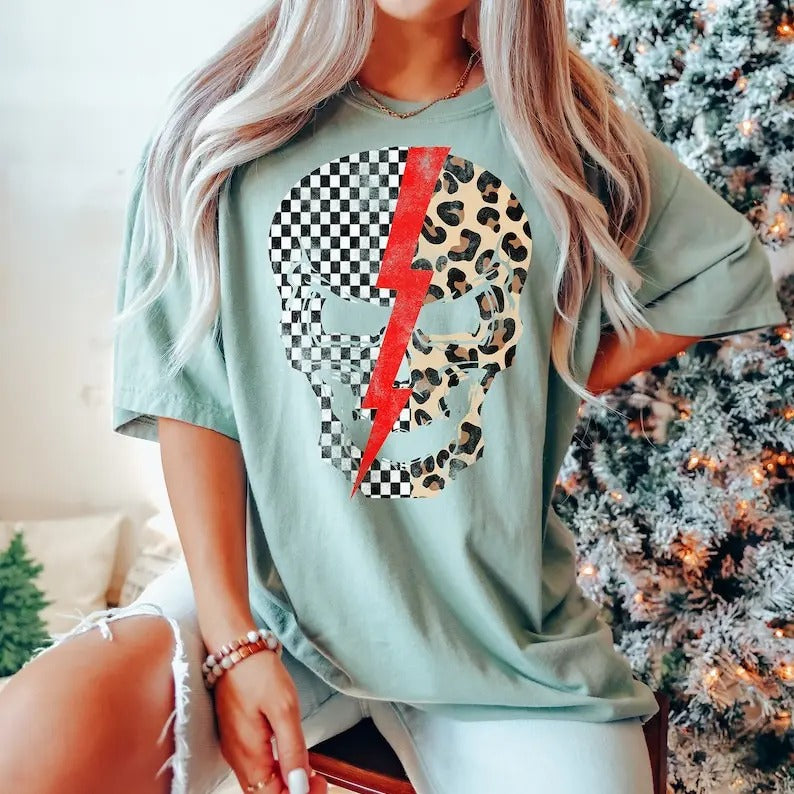 woman skull tshirt ,gift for her , Skeleton, Graphic Tee ,Women's Cheetah Print Skull ,-Cheetah Print Sweatshirt Hoodie
