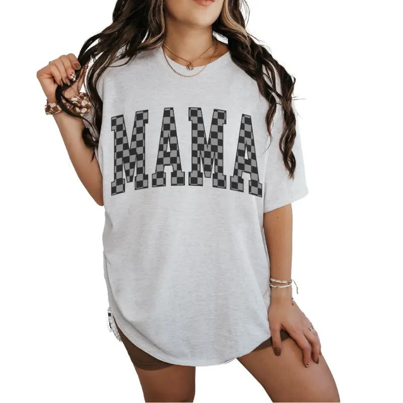 women Checkered Black & Grey Mama Varsity T-Shirt Or Crewneck Sweatshirt Plus Sized Options graphic tees cute shirts...